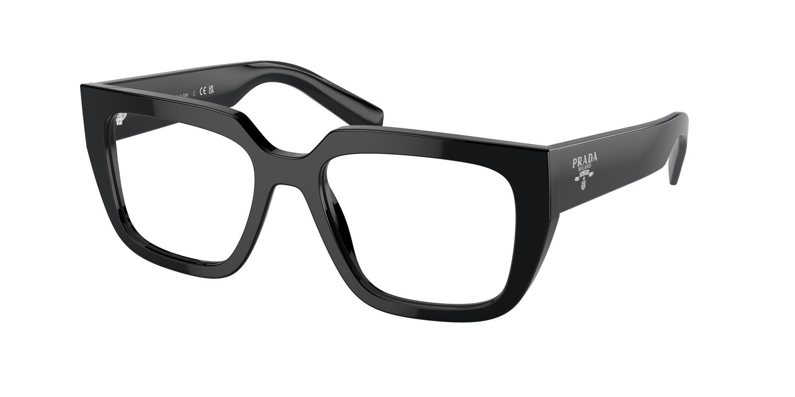 Das Bild zeigt die Prada Brille A03V in Schwarz leicht schräg von der Seite.